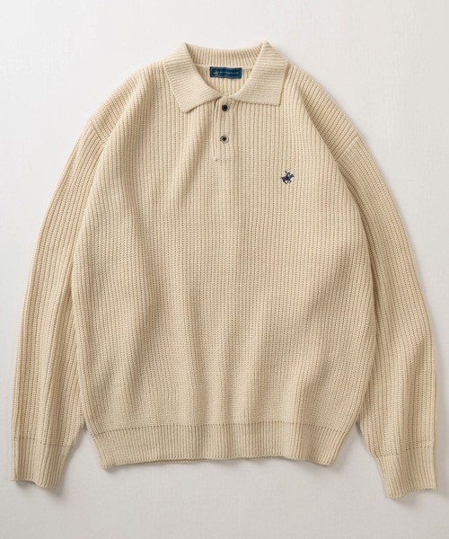 BEVERLY HILLS POLO CLUB(ビバリーヒルズポロクラブ)の「【BEVERLY HILLS POLO CLUB/ビバリーヒルズポロクラブ】ワンポイントロゴ刺繍デザイン ビッグシルエット 畦編み ロングスリーブポロニット/オーバーサイズ(ニット/セーター・レディース・ブラック/アイボリー・L/M)」の3枚目の写真