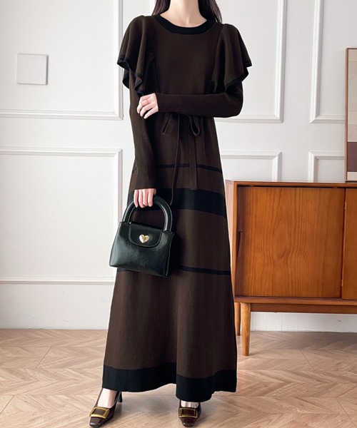 【セール】配色ショルーフリルニットワンピース（ワンピース）｜ABITOKYO（アビトーキョー）