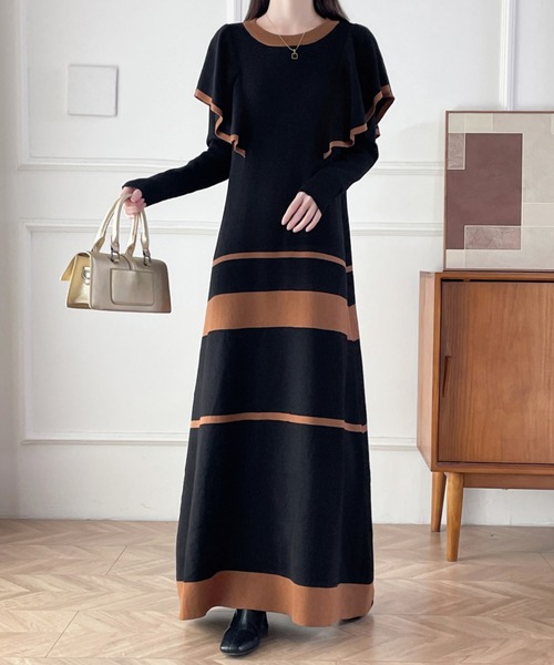 【セール】配色ショルーフリルニットワンピース（ワンピース）｜ABITOKYO（アビトーキョー）