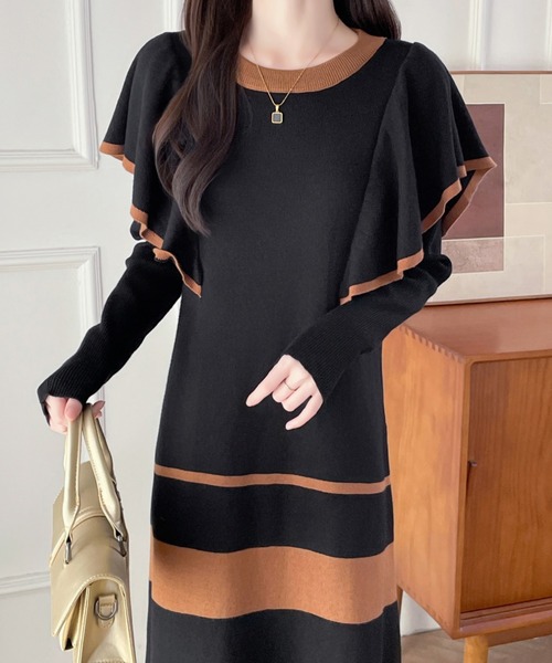 【セール】配色ショルーフリルニットワンピース（ワンピース）｜ABITOKYO（アビトーキョー）