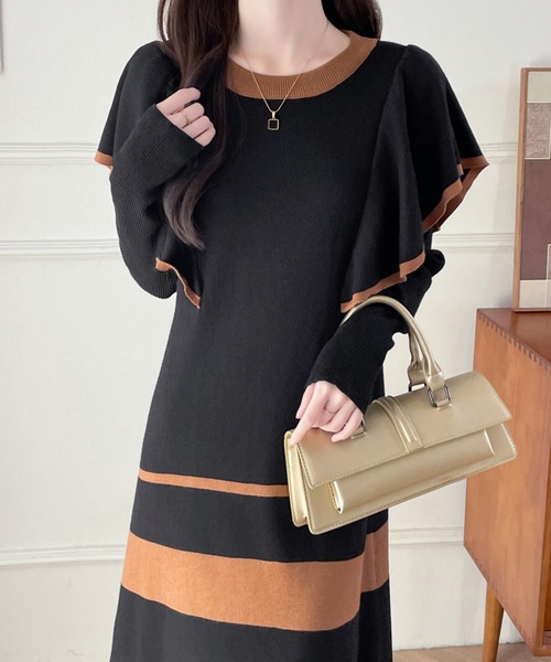 【セール】配色ショルーフリルニットワンピース（ワンピース）｜ABITOKYO（アビトーキョー）