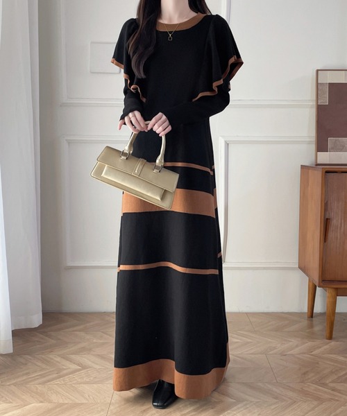 【セール】配色ショルーフリルニットワンピース（ワンピース）｜ABITOKYO（アビトーキョー）