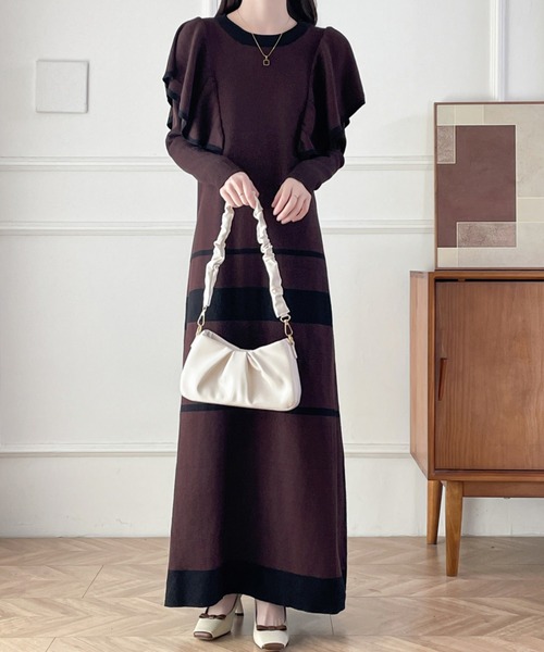 【セール】配色ショルーフリルニットワンピース（ワンピース）｜ABITOKYO（アビトーキョー）