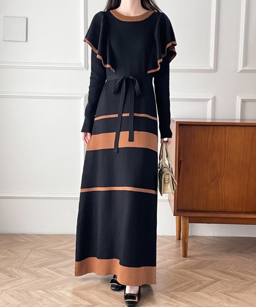 【セール】配色ショルーフリルニットワンピース（ワンピース）｜ABITOKYO（アビトーキョー）