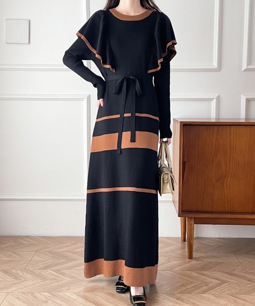 【セール】配色ショルーフリルニットワンピース（ワンピース）｜ABITOKYO（アビトーキョー）