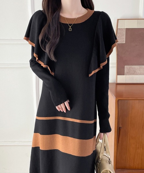 【セール】配色ショルーフリルニットワンピース（ワンピース）｜ABITOKYO（アビトーキョー）