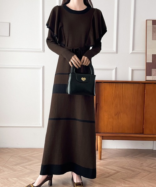 【セール】配色ショルーフリルニットワンピース（ワンピース）｜ABITOKYO（アビトーキョー）