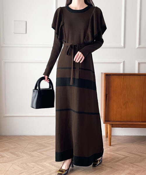 【セール】配色ショルーフリルニットワンピース（ワンピース）｜ABITOKYO（アビトーキョー）