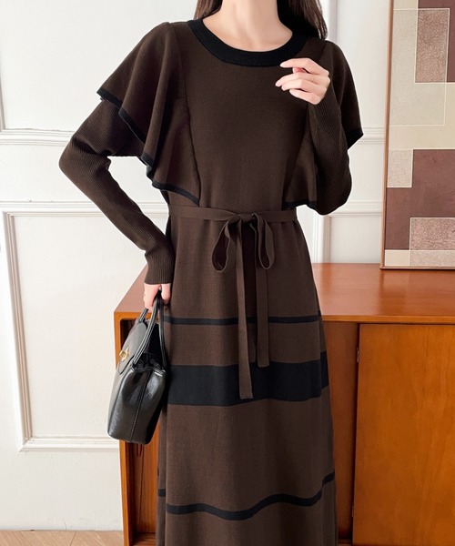 【セール】配色ショルーフリルニットワンピース（ワンピース）｜ABITOKYO（アビトーキョー）