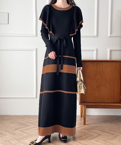 【セール】配色ショルーフリルニットワンピース（ワンピース）｜ABITOKYO（アビトーキョー）