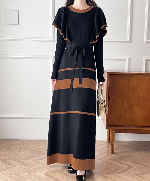 【セール】配色ショルーフリルニットワンピース（ワンピース）｜ABITOKYO（アビトーキョー）