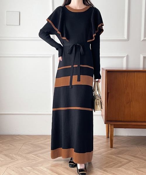 【セール】配色ショルーフリルニットワンピース（ワンピース）｜ABITOKYO（アビトーキョー）