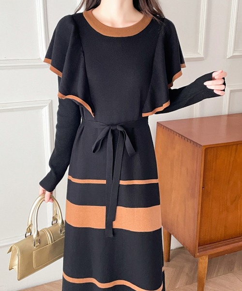 【セール】配色ショルーフリルニットワンピース（ワンピース）｜ABITOKYO（アビトーキョー）