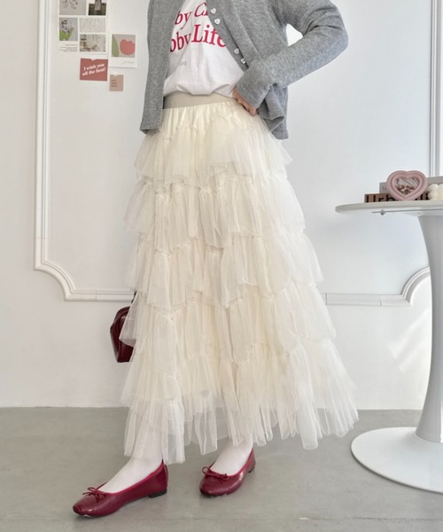 Loueme（ルエム）の「ボリュームティアードチュールスカート（スカート・レディース・ピンク/アイボリー/ブラック/ブルーグレー/ホワイト・FREE）」の8枚目の写真