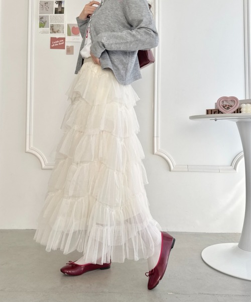 Loueme（ルエム）の「ボリュームティアードチュールスカート（スカート・レディース・ピンク/アイボリー/ブラック/ブルーグレー/ホワイト・FREE）」の9枚目の写真