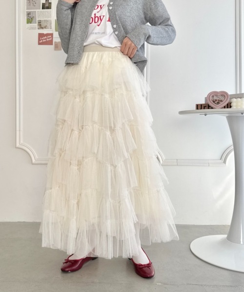 Loueme（ルエム）の「ボリュームティアードチュールスカート（スカート・レディース・ピンク/アイボリー/ブラック/ブルーグレー/ホワイト・FREE）」の7枚目の写真