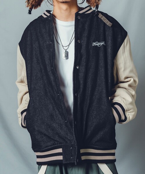 NineMicrophones(ナインマイクロフォンズ)の「DENIM STADIUM JKT(スタジャン・メンズ・ブラック/ブルー・LARGE/X-LARGE/MEDIUM)」の4枚目の写真