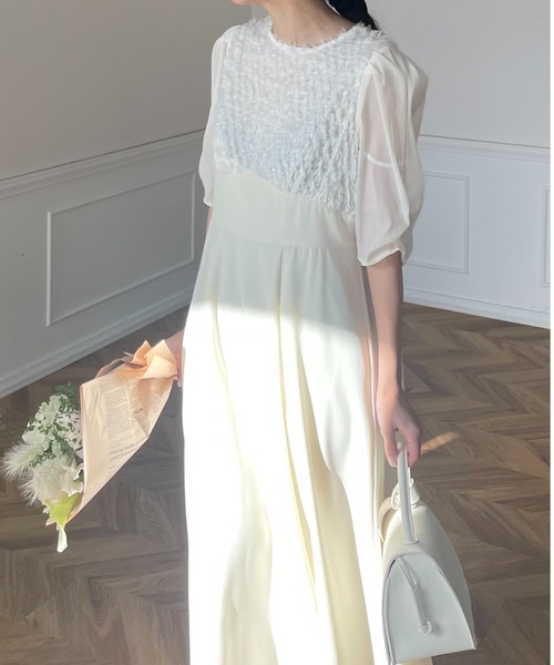 Bab(バブ)の「【オケージョンドレス/結婚式/2サイズ展開/SET ITEM/インナー付き/裏地付き】シャギー切替フレアーラインワンピース(ドレス・レディース・ブラック/オフホワイト・MEDIUM)」の8枚目の写真