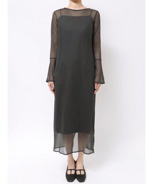 LAGUNAMOON（ラグナムーン）の「ソフトメッシュフレアスリーブワンピース（ワンピース・レディース・チャコールグレー/アイボリー・SMALL/MEDIUM）」の3枚目の写真