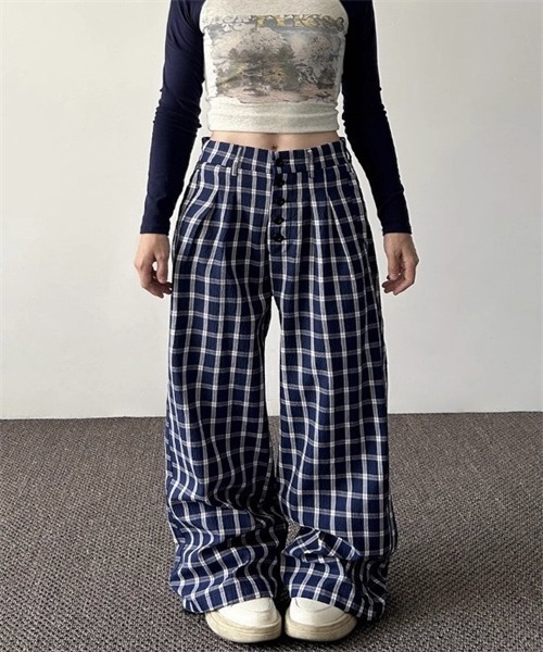 Dream garden（ドリームガーデン）の「チェック柄ワイドシルエット タックパンツ（その他パンツ・レディース・ネイビー・M/2XL/XL/S/L）」の3枚目の写真