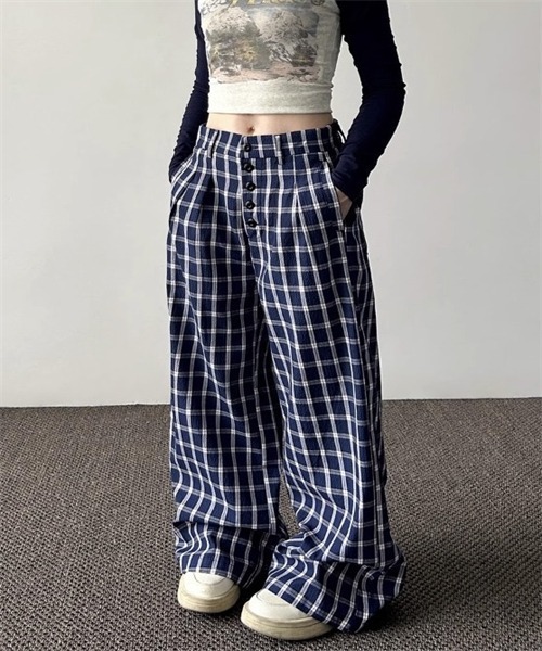 Dream garden（ドリームガーデン）の「チェック柄ワイドシルエット タックパンツ（その他パンツ・レディース・ネイビー・M/2XL/XL/S/L）」の6枚目の写真