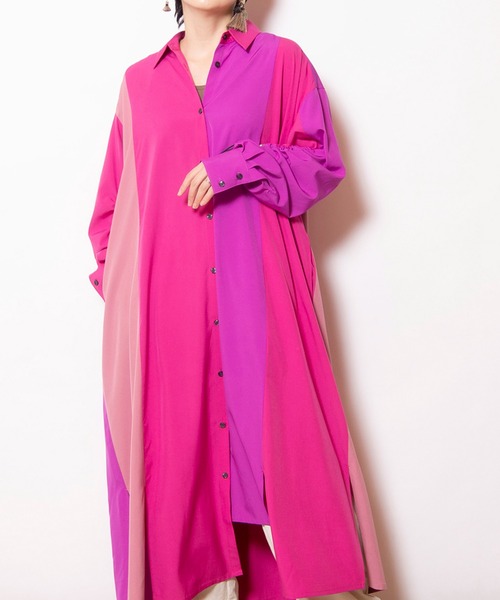 OSMOSIS（オズモーシス）の「切替ギャザースリーブシャツワンピース（ワンピース・レディース・ピンク/ストライプ/ブラック・ONE SIZE）」の3枚目の写真