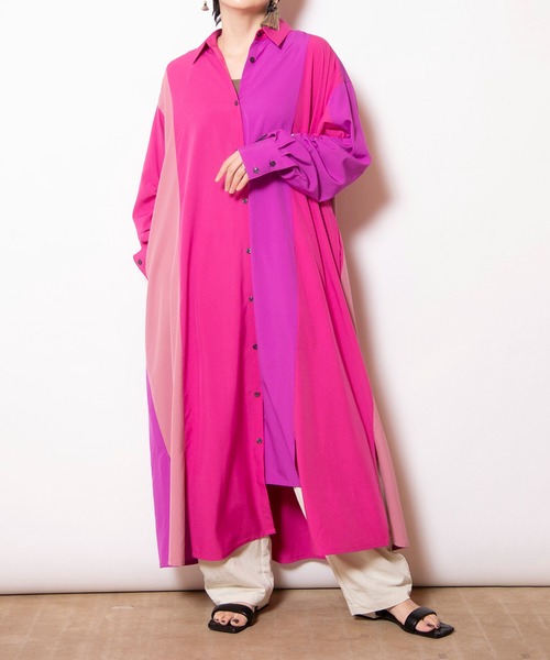 OSMOSIS（オズモーシス）の「切替ギャザースリーブシャツワンピース（ワンピース・レディース・ピンク/ストライプ/ブラック・ONE SIZE）」の19枚目の写真