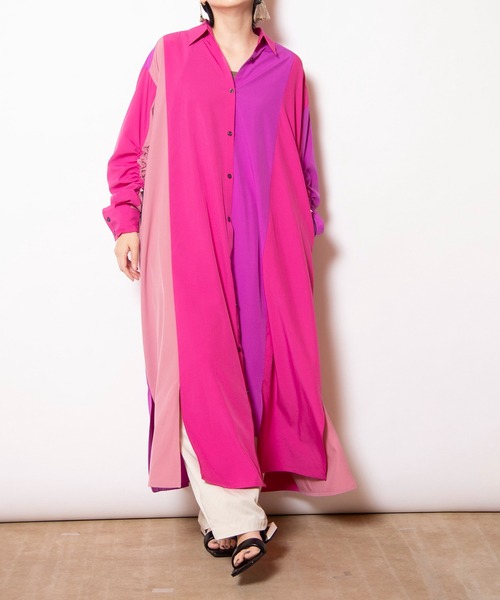 OSMOSIS（オズモーシス）の「切替ギャザースリーブシャツワンピース（ワンピース・レディース・ピンク/ストライプ/ブラック・ONE SIZE）」の10枚目の写真