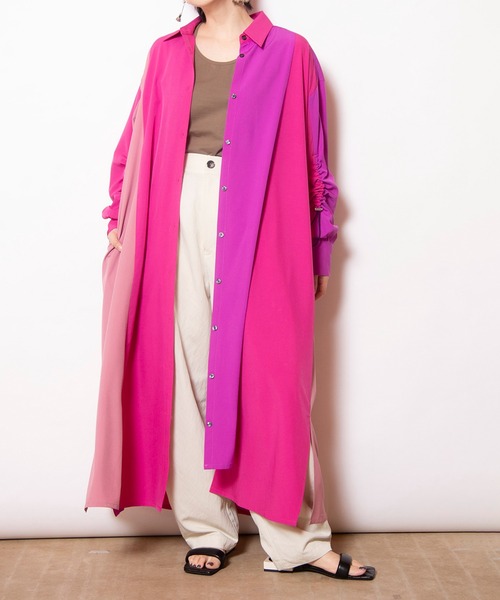 OSMOSIS（オズモーシス）の「切替ギャザースリーブシャツワンピース（ワンピース・レディース・ピンク/ストライプ/ブラック・ONE SIZE）」の11枚目の写真