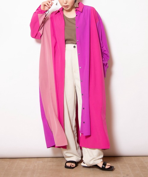 OSMOSIS（オズモーシス）の「切替ギャザースリーブシャツワンピース（ワンピース・レディース・ピンク/ストライプ/ブラック・ONE SIZE）」の12枚目の写真