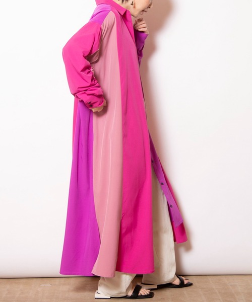 OSMOSIS（オズモーシス）の「切替ギャザースリーブシャツワンピース（ワンピース・レディース・ピンク/ストライプ/ブラック・ONE SIZE）」の5枚目の写真