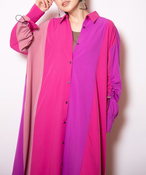 OSMOSIS（オズモーシス）の「切替ギャザースリーブシャツワンピース（ワンピース・レディース・ピンク/ストライプ/ブラック・ONE SIZE）」の6枚目の写真