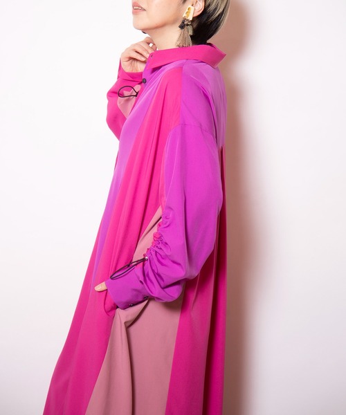 OSMOSIS（オズモーシス）の「切替ギャザースリーブシャツワンピース（ワンピース・レディース・ピンク/ストライプ/ブラック・ONE SIZE）」の7枚目の写真