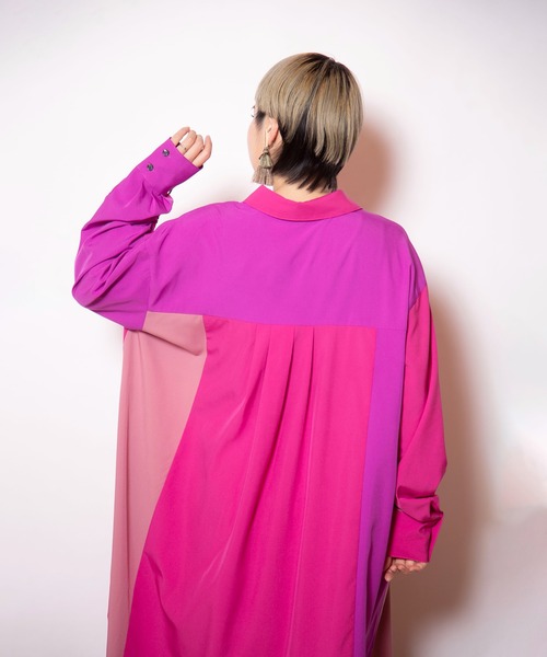 OSMOSIS（オズモーシス）の「切替ギャザースリーブシャツワンピース（ワンピース・レディース・ピンク/ストライプ/ブラック・ONE SIZE）」の8枚目の写真