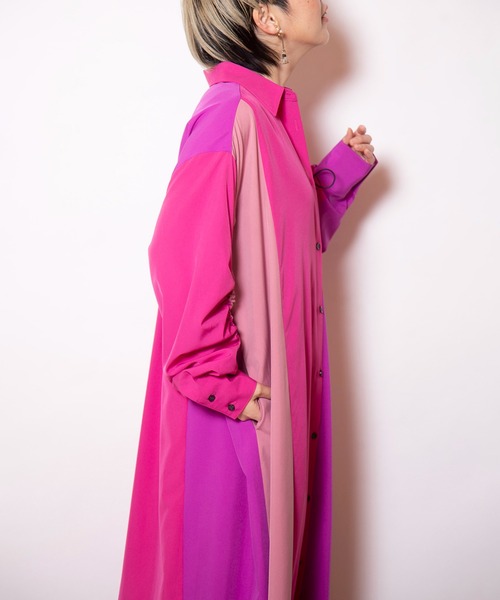 OSMOSIS（オズモーシス）の「切替ギャザースリーブシャツワンピース（ワンピース・レディース・ピンク/ストライプ/ブラック・ONE SIZE）」の9枚目の写真