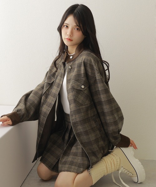 M DOLLY(エムドリー)の「check stand collar jacket/チェックスタンドカラージャケット(ブルゾン・レディース・オリーブ・S/M)」の1枚目の写真