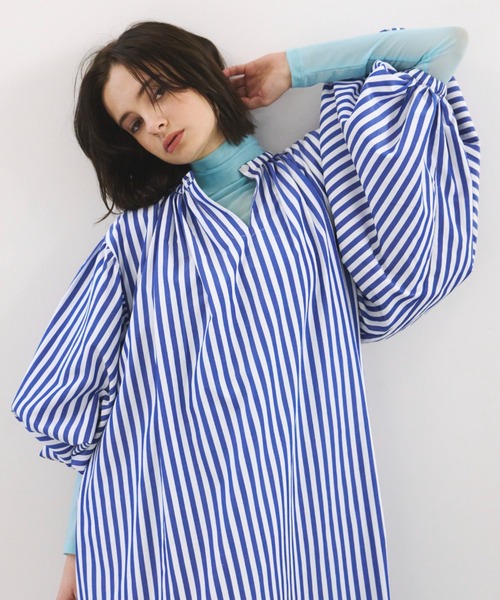 ストライプロングスリーブギャザーワンピース（ワンピース）｜PERNA  