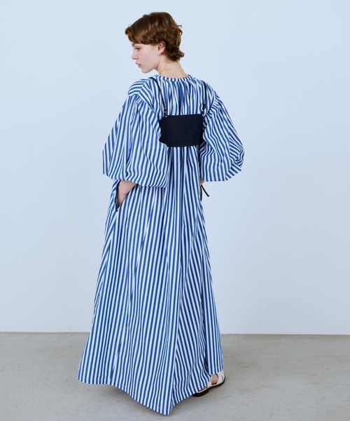 ストライプロングスリーブギャザーワンピース（ワンピース