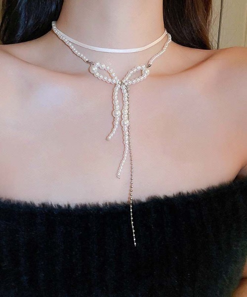 UP START（アップスタート）の「【LAMPOON】パールリボンネックレス（ネックレス・レディース・ホワイト・FREE）」の2枚目の写真