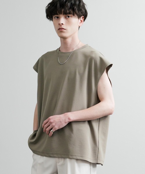 Rocky Monroe(ロッキーモンロー)の「UVカット 梨地オーバーサイズノースリーブTシャツ/ストレッチタンクトップ(タンクトップ・メンズ・ダークグレー/ベージュ/ブルーグレー/ブラック/ダークグリーン/オフホワイト・M/L/LL)」の5枚目の写真