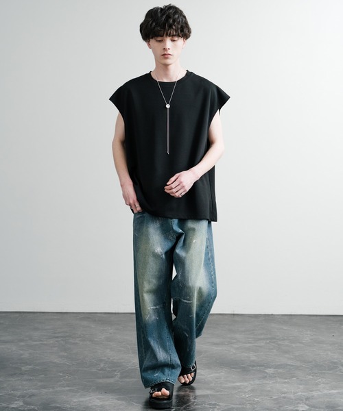 Rocky Monroe(ロッキーモンロー)の「UVカット 梨地オーバーサイズノースリーブTシャツ/ストレッチタンクトップ(タンクトップ・メンズ・ダークグレー/ベージュ/ブルーグレー/ブラック/ダークグリーン/オフホワイト・M/L/LL)」の14枚目の写真
