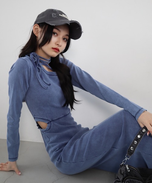 ROGER AND RAW（ロジャーアンドロウ）の「リボンチョーカー風ピグメントロングワンピース（ワンピース・レディース・グレー/ネイビー/ブラック・FREE）」の9枚目の写真