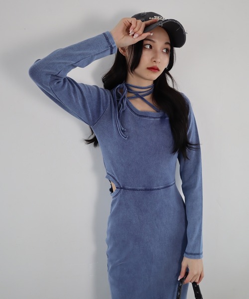 ROGER AND RAW（ロジャーアンドロウ）の「リボンチョーカー風ピグメントロングワンピース（ワンピース・レディース・グレー/ネイビー/ブラック・FREE）」の10枚目の写真