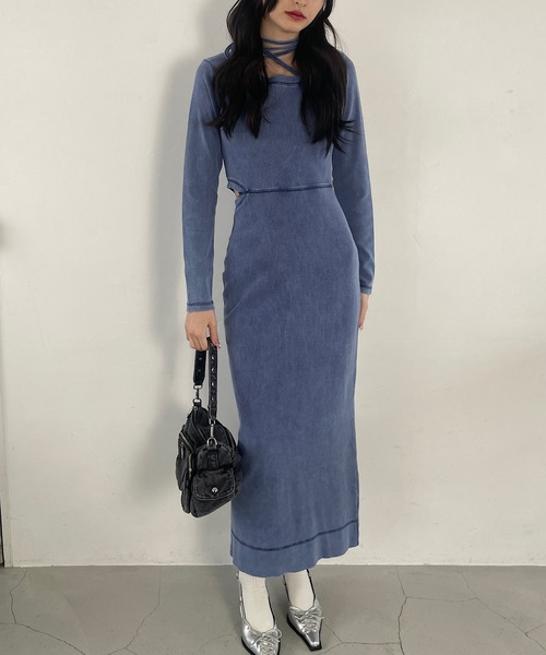 ROGER AND RAW（ロジャーアンドロウ）の「リボンチョーカー風ピグメントロングワンピース（ワンピース・レディース・グレー/ネイビー/ブラック・FREE）」の13枚目の写真