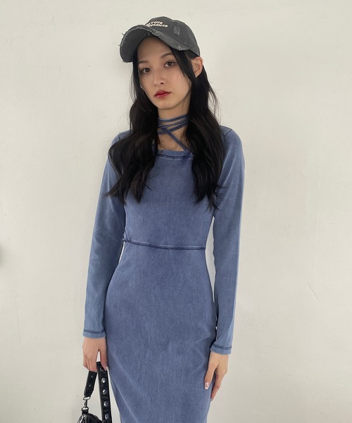 ROGER AND RAW（ロジャーアンドロウ）の「リボンチョーカー風ピグメントロングワンピース（ワンピース・レディース・グレー/ネイビー/ブラック・FREE）」の7枚目の写真