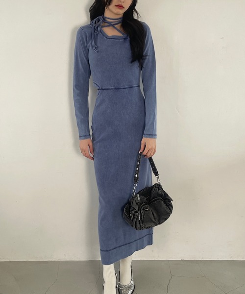 ROGER AND RAW（ロジャーアンドロウ）の「リボンチョーカー風ピグメントロングワンピース（ワンピース・レディース・グレー/ネイビー/ブラック・FREE）」の12枚目の写真