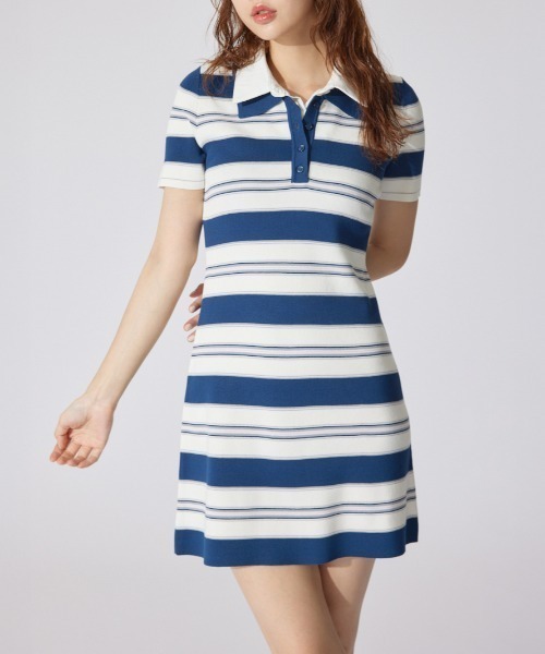 rienda(リエンダ)の「ダブルカラーニットワンピース ポロデザイン 半袖 夏服 サマーニット(ワンピース・レディース・ライトイエロー/ネイビー/グレー・FREE)」の2枚目の写真