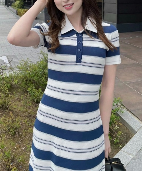 rienda(リエンダ)の「ダブルカラーニットワンピース ポロデザイン 半袖 夏服 サマーニット(ワンピース・レディース・ライトイエロー/ネイビー/グレー・FREE)」の5枚目の写真