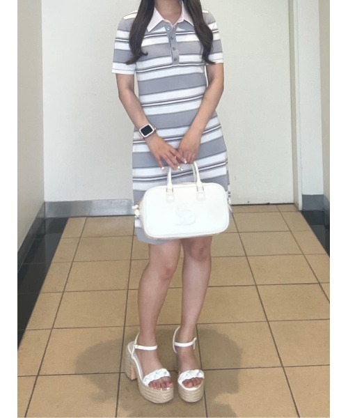 rienda(リエンダ)の「ダブルカラーニットワンピース ポロデザイン 半袖 夏服 サマーニット(ワンピース・レディース・ライトイエロー/ネイビー/グレー・FREE)」の8枚目の写真