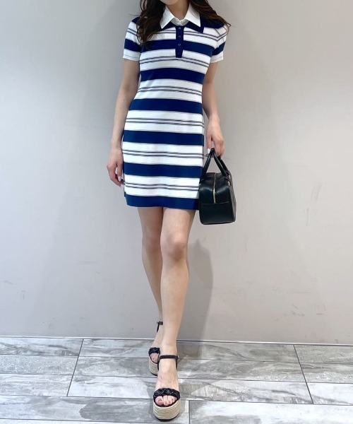 rienda(リエンダ)の「ダブルカラーニットワンピース ポロデザイン 半袖 夏服 サマーニット(ワンピース・レディース・ライトイエロー/ネイビー/グレー・FREE)」の10枚目の写真